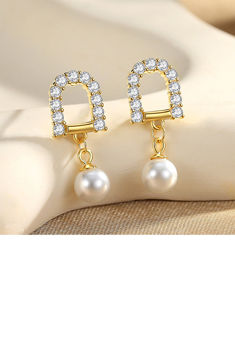 925 Sterling Silver Plated Gold Fashion Simple Geometric Imitation Pearl Earrings with Cubic Zirconia - Luxurious Look