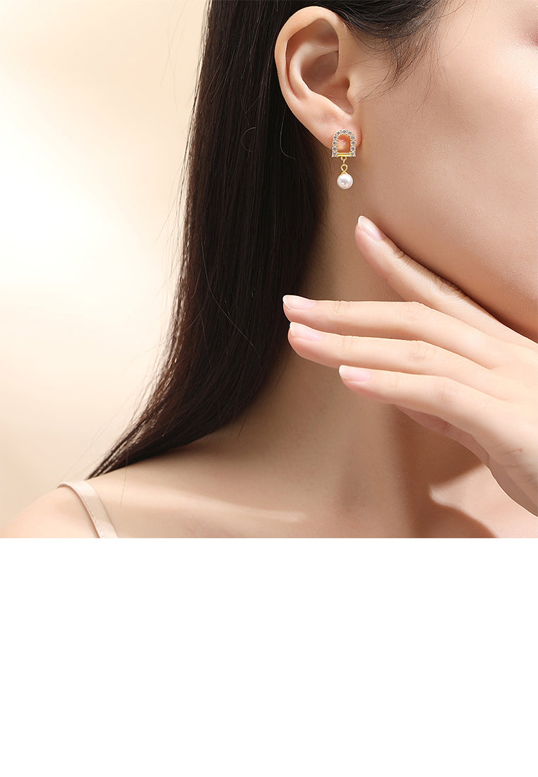 925 Sterling Silver Plated Gold Fashion Simple Geometric Imitation Pearl Earrings with Cubic Zirconia - Luxurious Look