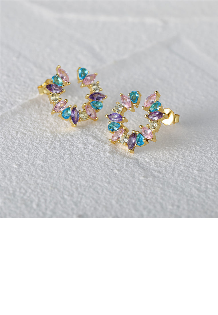 925 Sterling Silver Plated Gold Fashion Temperament Geometric Circle Stud Earrings with Colored Cubic Zirconia - Luxurious Look
