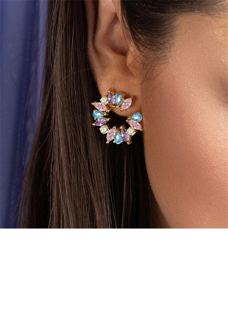 925 Sterling Silver Plated Gold Fashion Temperament Geometric Circle Stud Earrings with Colored Cubic Zirconia - Luxurious Look