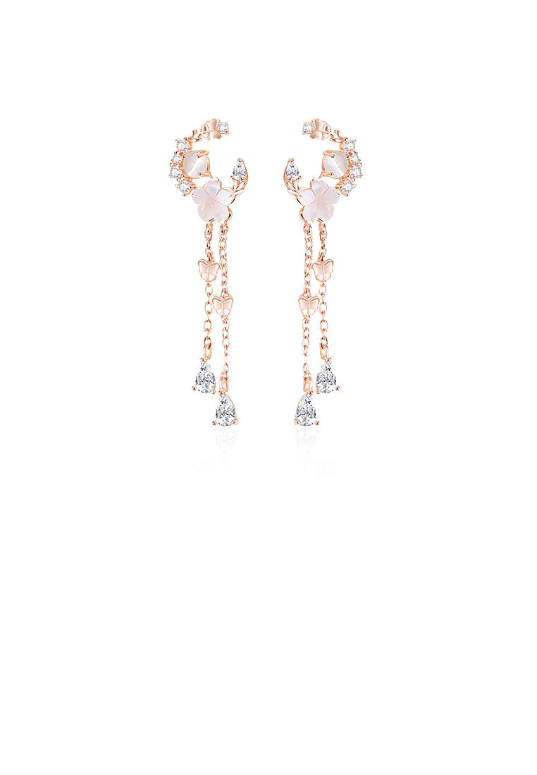 925 Sterling Silver Plated Rose Gold Fashion Temperament Moon Flower Tassel Earrings with Cubic Zirconia - Luxurious Look