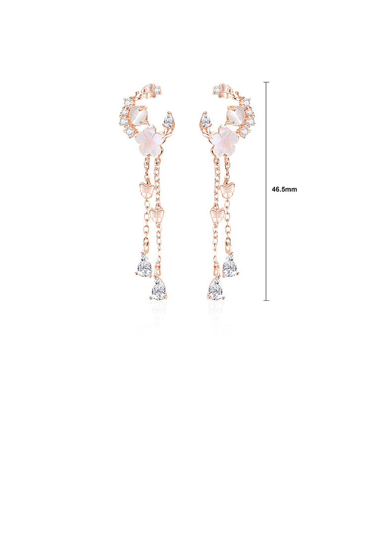 925 Sterling Silver Plated Rose Gold Fashion Temperament Moon Flower Tassel Earrings with Cubic Zirconia - Luxurious Look