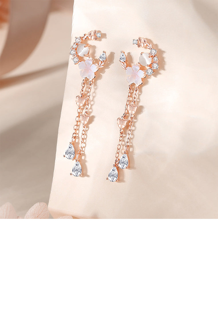 925 Sterling Silver Plated Rose Gold Fashion Temperament Moon Flower Tassel Earrings with Cubic Zirconia - Luxurious Look