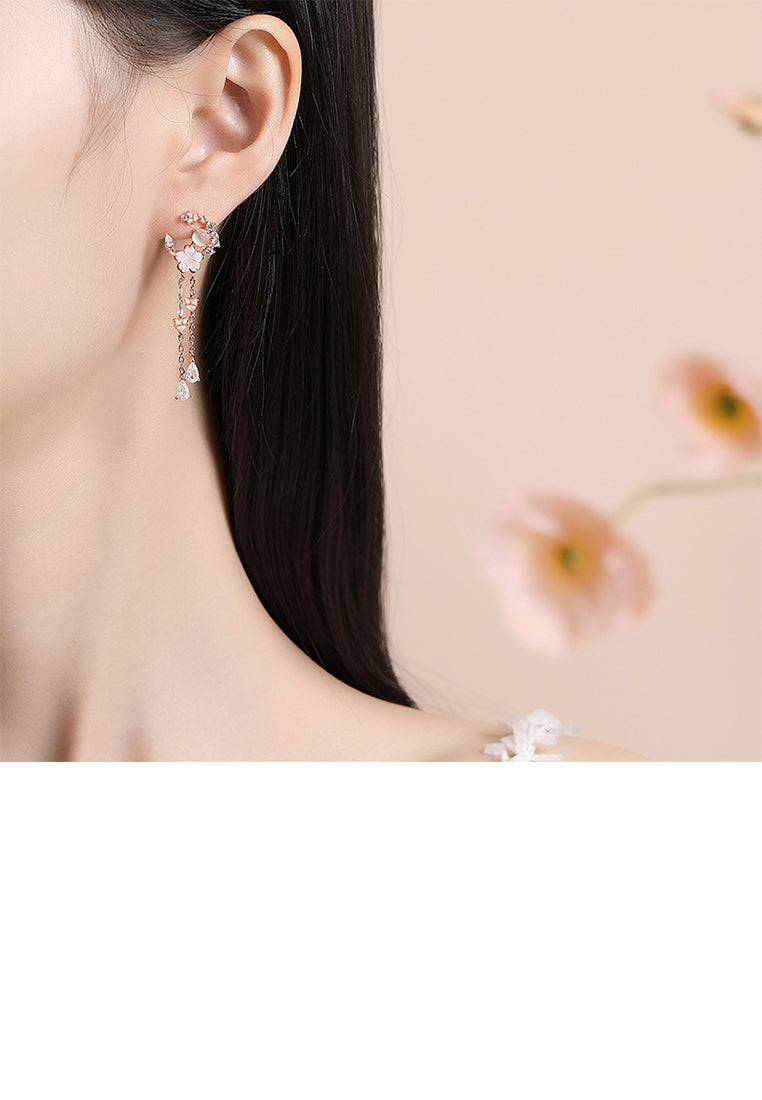 925 Sterling Silver Plated Rose Gold Fashion Temperament Moon Flower Tassel Earrings with Cubic Zirconia - Luxurious Look