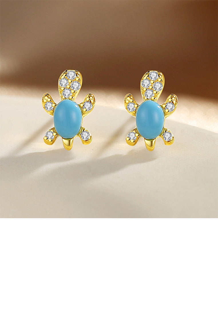 925 Sterling Silver Plated Gold Simple Cute Turtle Stud Earrings with Cubic Zirconia - Luxurious Look