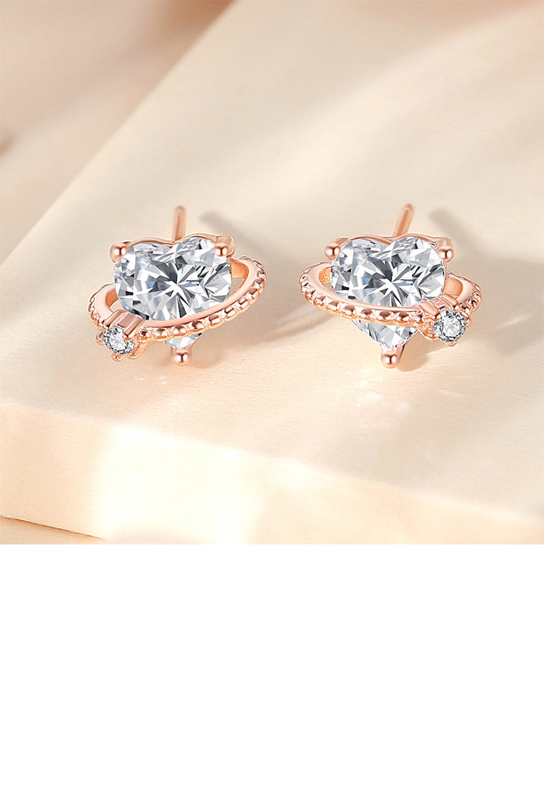 925 Sterling Silver Plated Rose Gold Simple and Fashion Heart-shaped Planet Stud Earrings with Cubic Zirconia - Luxurious Look