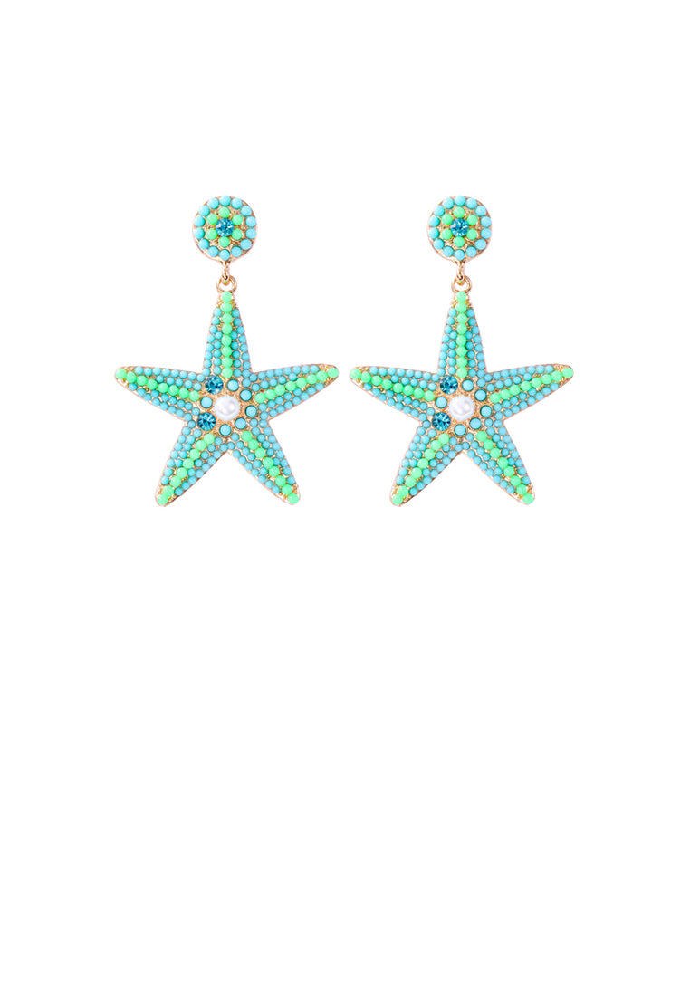 Fashion and Simple Plated Gold Five-pointed Star Imitation Light Blue Pearl Stud Earrings with Cubic Zirconia - Luxurious Look