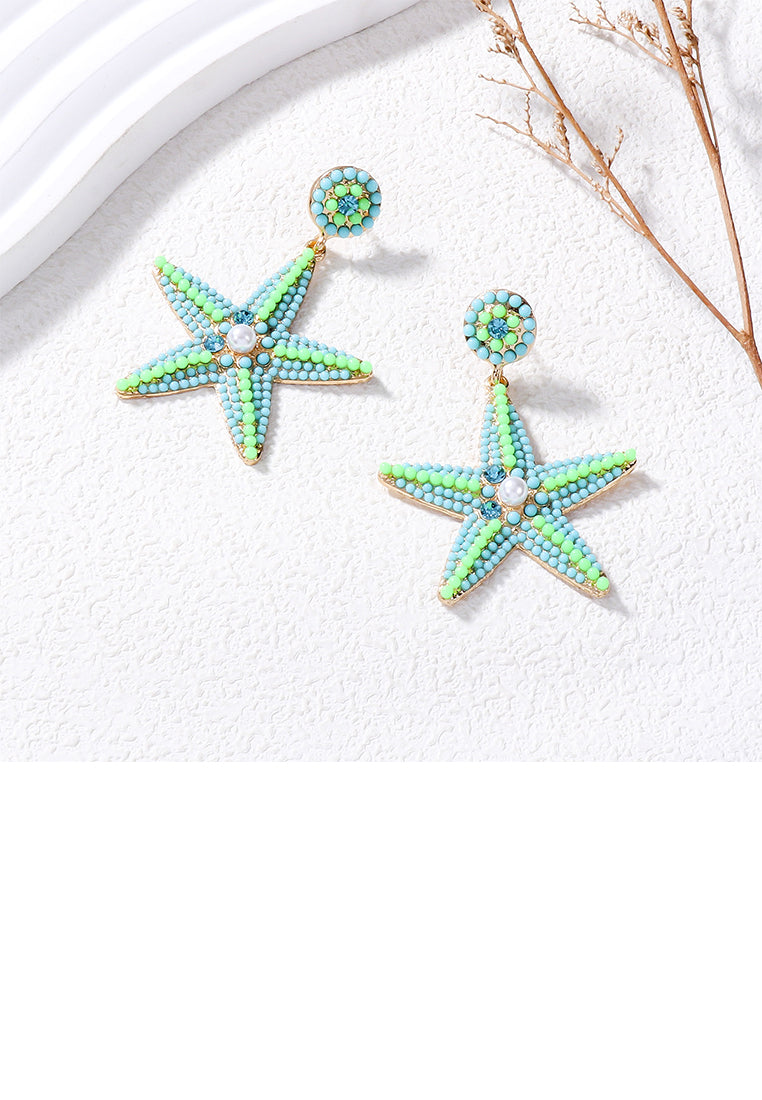 Fashion and Simple Plated Gold Five-pointed Star Imitation Light Blue Pearl Stud Earrings with Cubic Zirconia - Luxurious Look