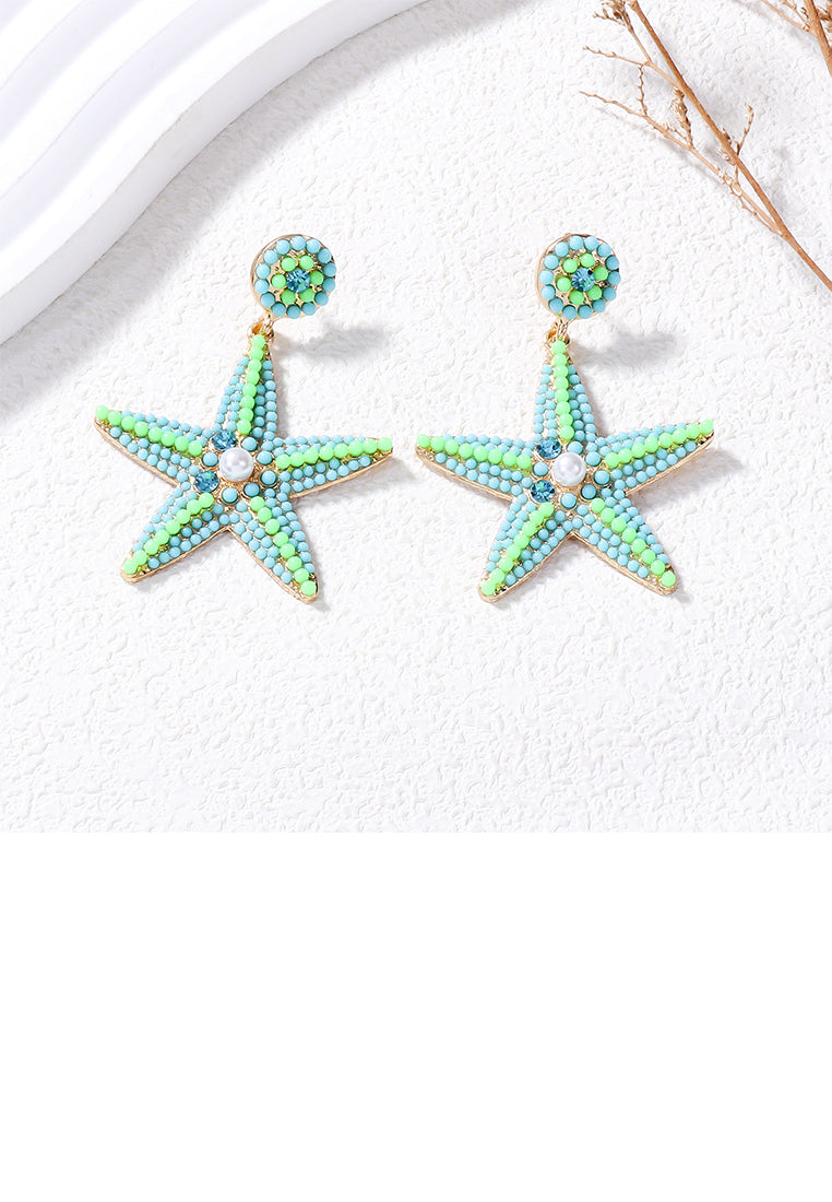 Fashion and Simple Plated Gold Five-pointed Star Imitation Light Blue Pearl Stud Earrings with Cubic Zirconia - Luxurious Look