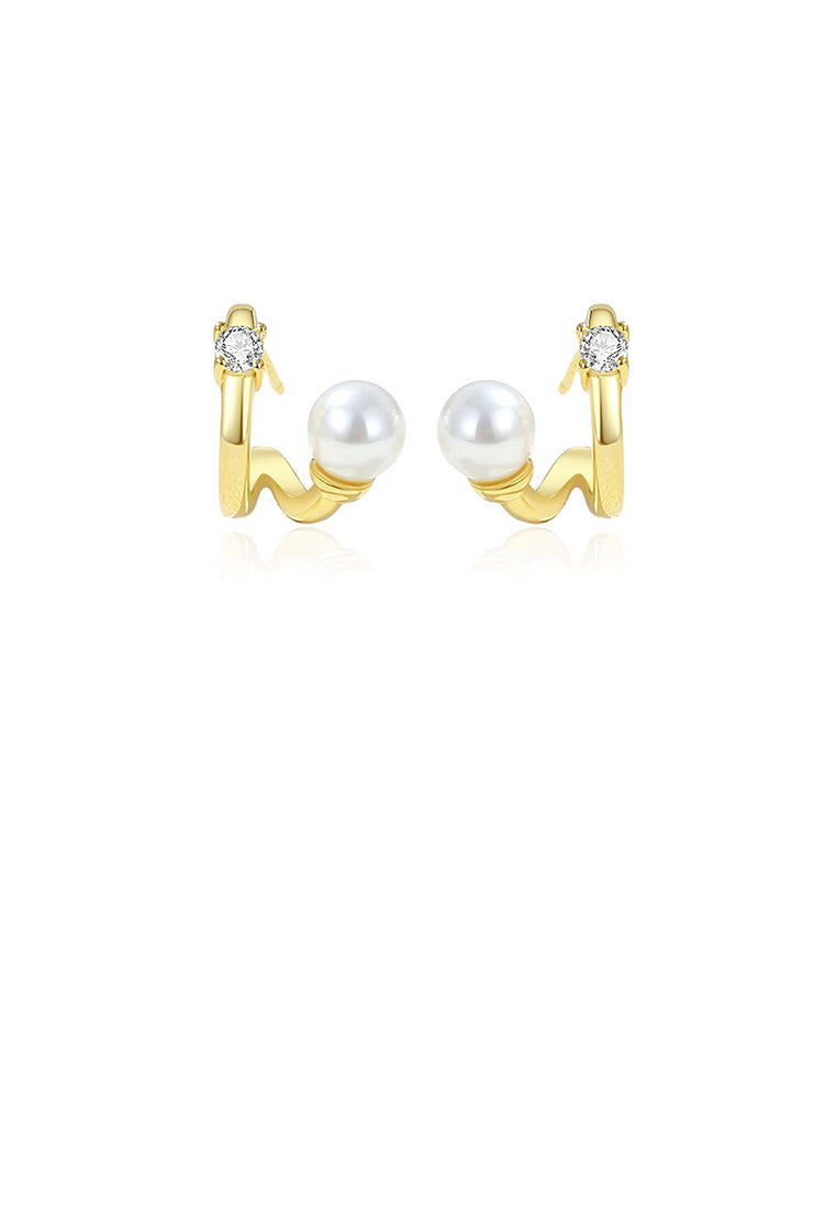 925 Sterling Silver Plated Gold Simple Personalized C-shaped Imitation Pearl Stud Earrings with Cubic Zirconia - Luxurious Look