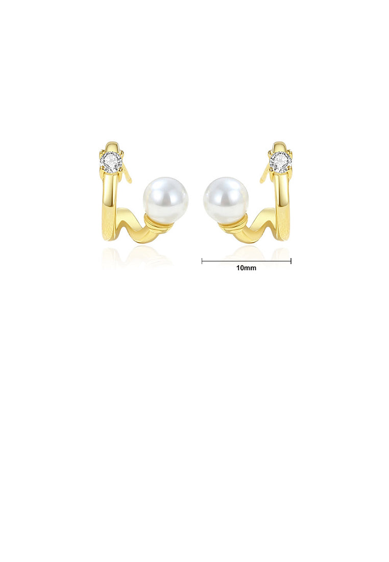 925 Sterling Silver Plated Gold Simple Personalized C-shaped Imitation Pearl Stud Earrings with Cubic Zirconia - Luxurious Look