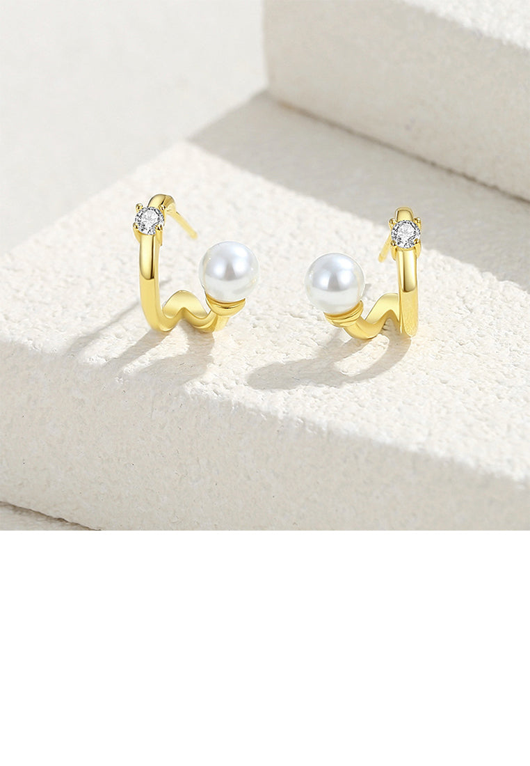 925 Sterling Silver Plated Gold Simple Personalized C-shaped Imitation Pearl Stud Earrings with Cubic Zirconia - Luxurious Look