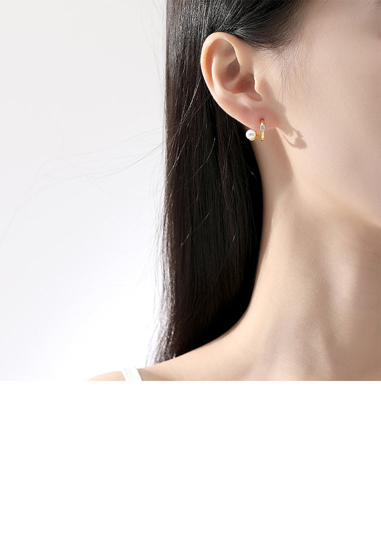 925 Sterling Silver Plated Gold Simple Personalized C-shaped Imitation Pearl Stud Earrings with Cubic Zirconia - Luxurious Look