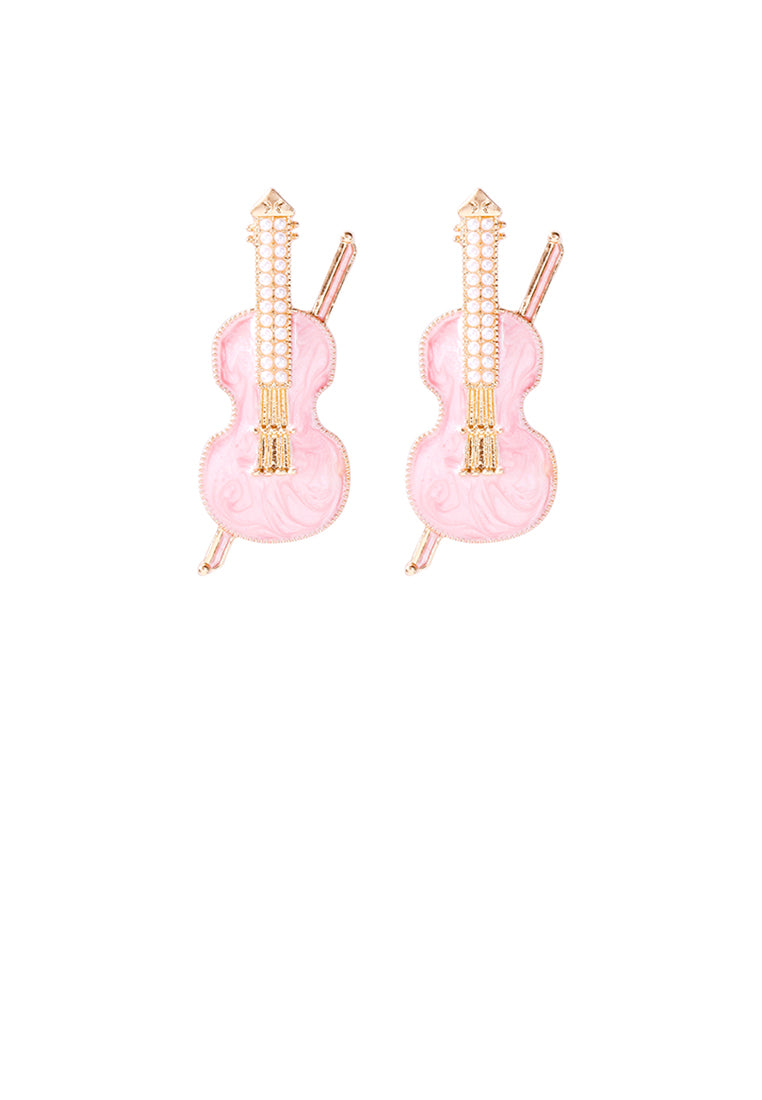 Fashion and Creative Plated Gold Enamel Pink Violin Stud Earrings with Imitation Pearls - Vibrant Color
