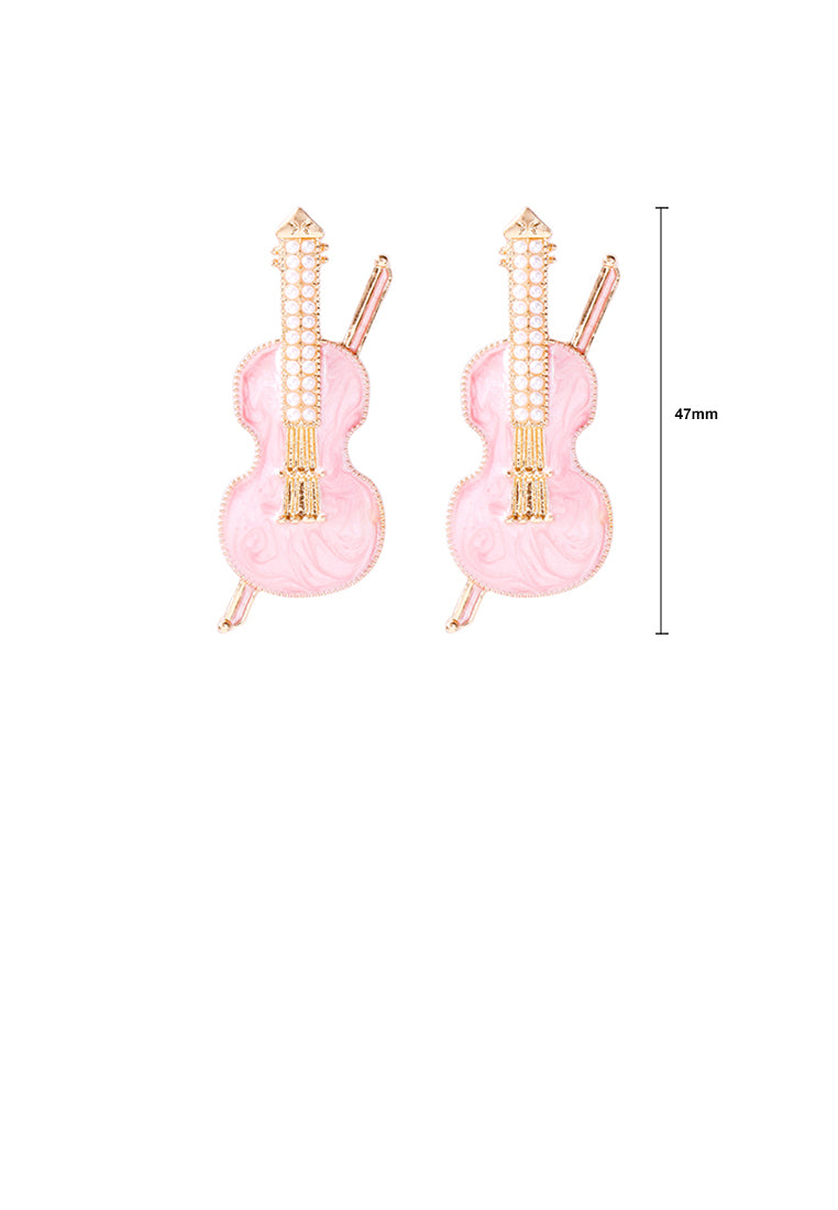 Fashion and Creative Plated Gold Enamel Pink Violin Stud Earrings with Imitation Pearls - Vibrant Color