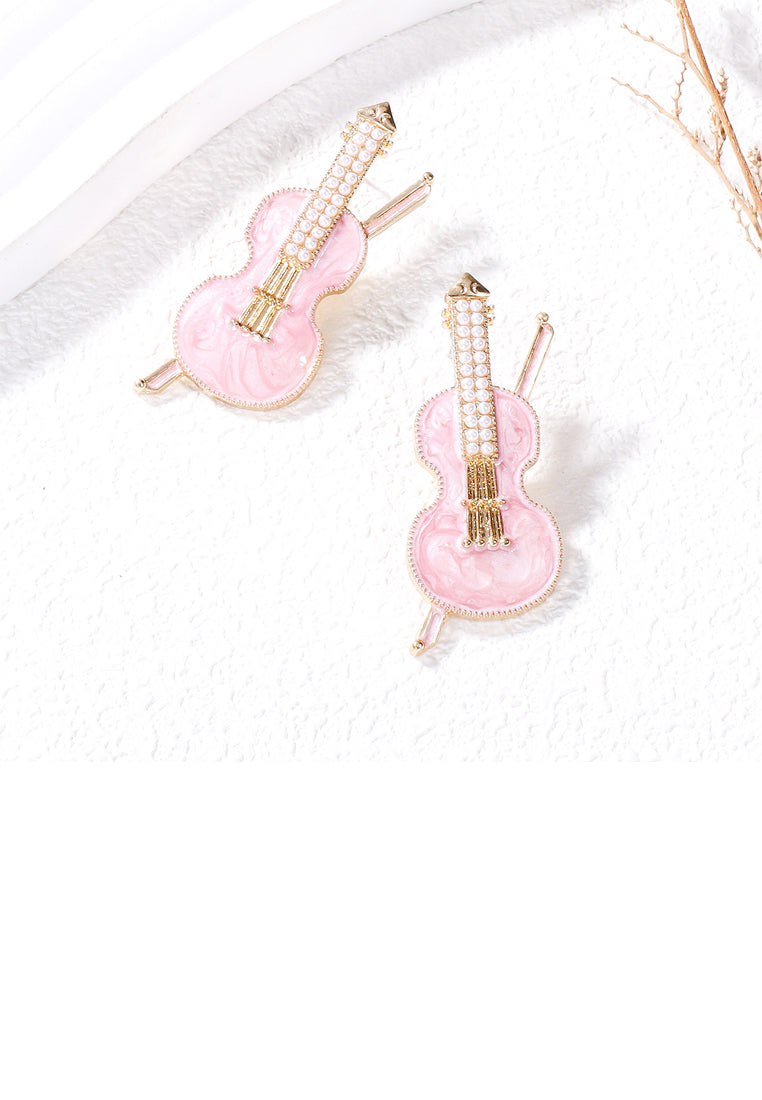 Fashion and Creative Plated Gold Enamel Pink Violin Stud Earrings with Imitation Pearls - Vibrant Color