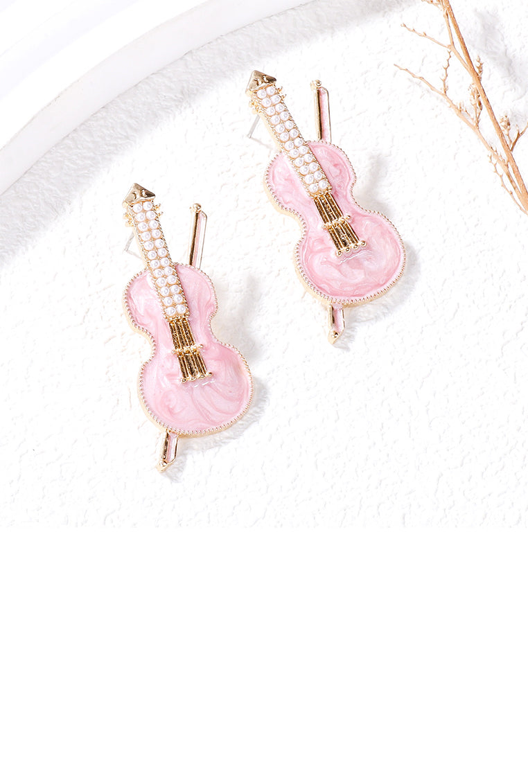 Fashion and Creative Plated Gold Enamel Pink Violin Stud Earrings with Imitation Pearls - Vibrant Color