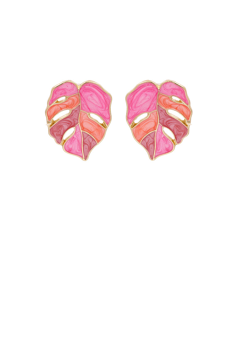 Simple and Fashion Plated Gold Enamel Pink Leaf Stud Earrings - Vibrant Color