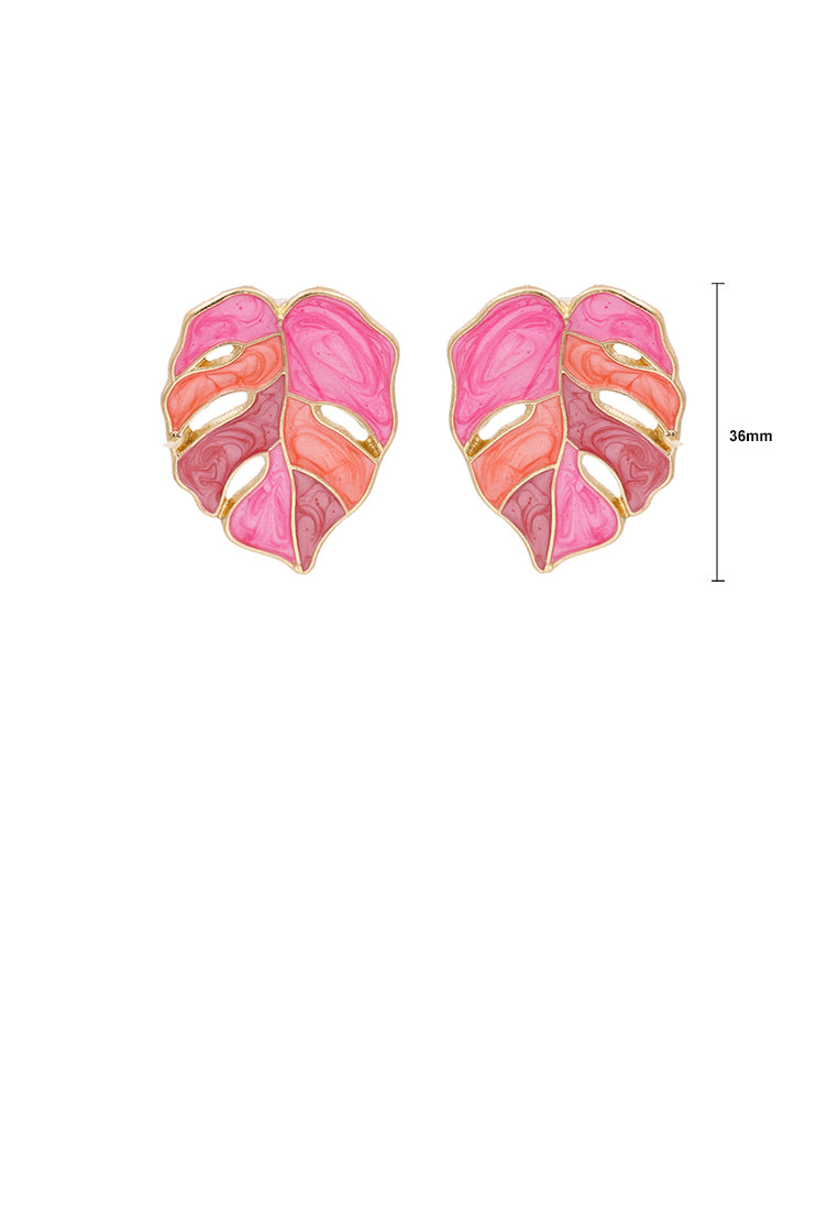 Simple and Fashion Plated Gold Enamel Pink Leaf Stud Earrings - Vibrant Color