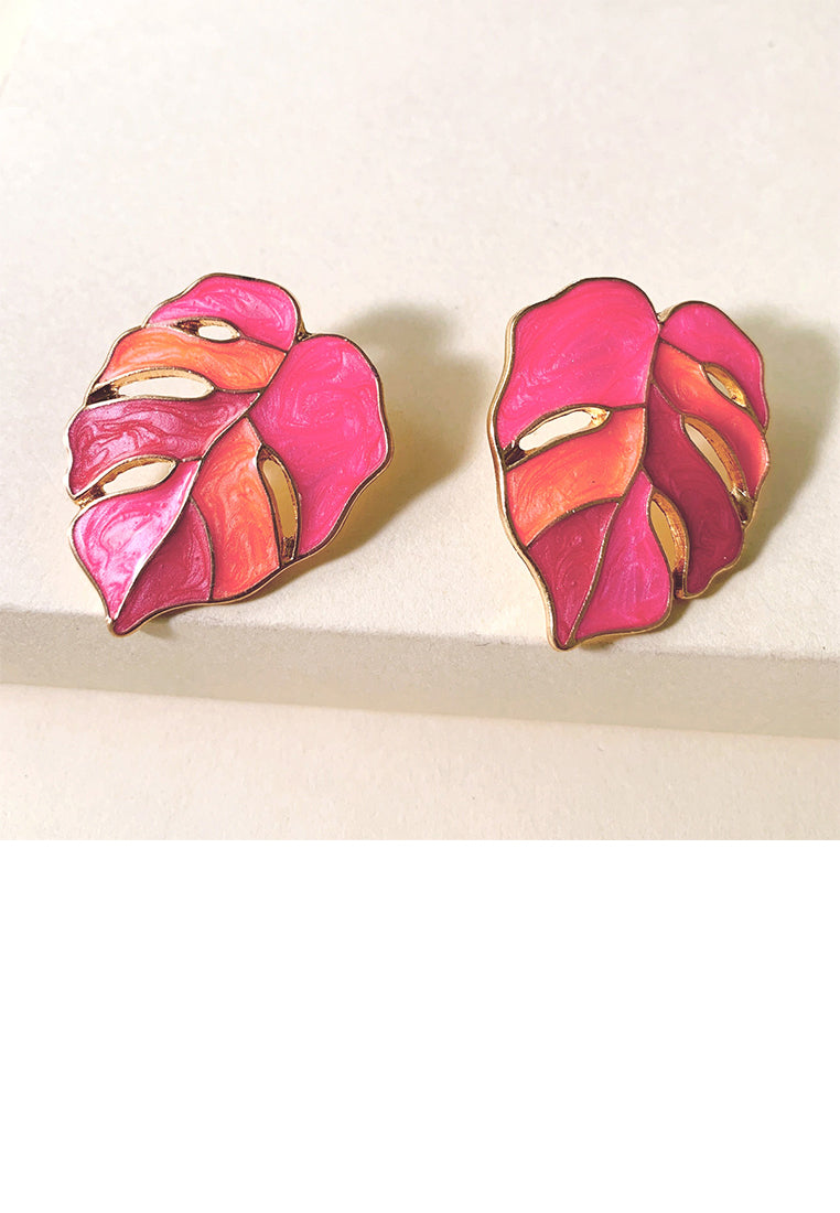 Simple and Fashion Plated Gold Enamel Pink Leaf Stud Earrings - Vibrant Color