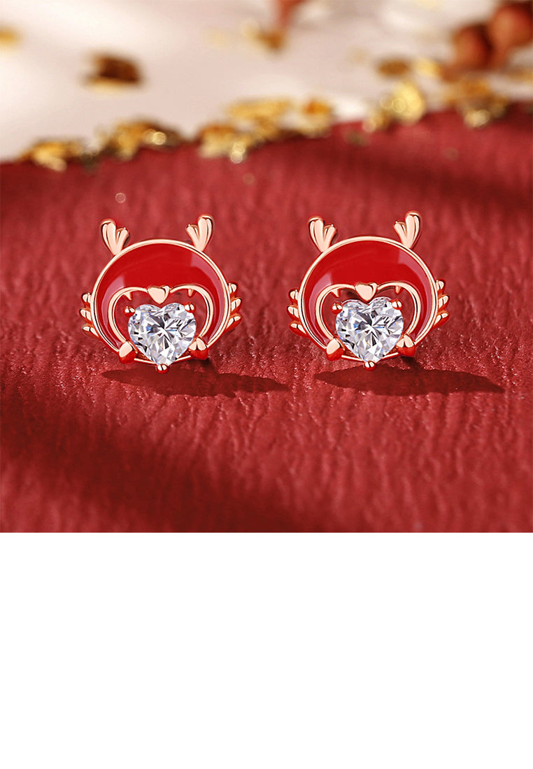 925 Sterling Silver Plated Rose Gold Fashion Enamel Chinese Zodiac Dragon Stud Earrings with Cubic Zirconia - Luxurious Look