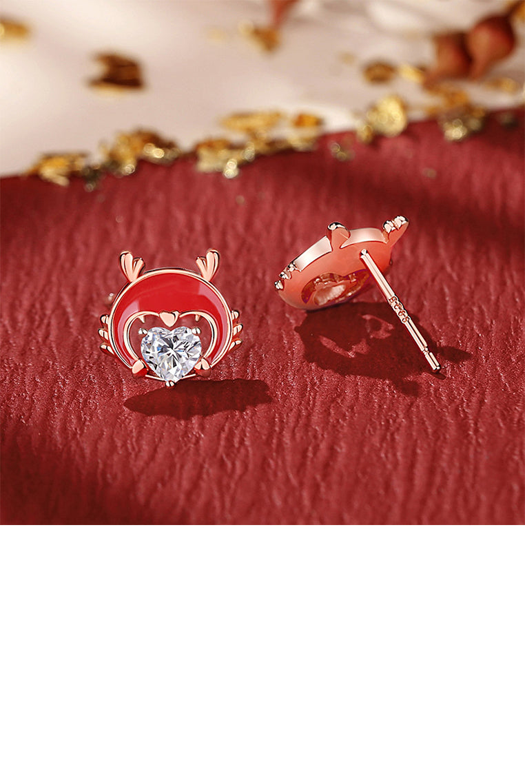 925 Sterling Silver Plated Rose Gold Fashion Enamel Chinese Zodiac Dragon Stud Earrings with Cubic Zirconia - Luxurious Look