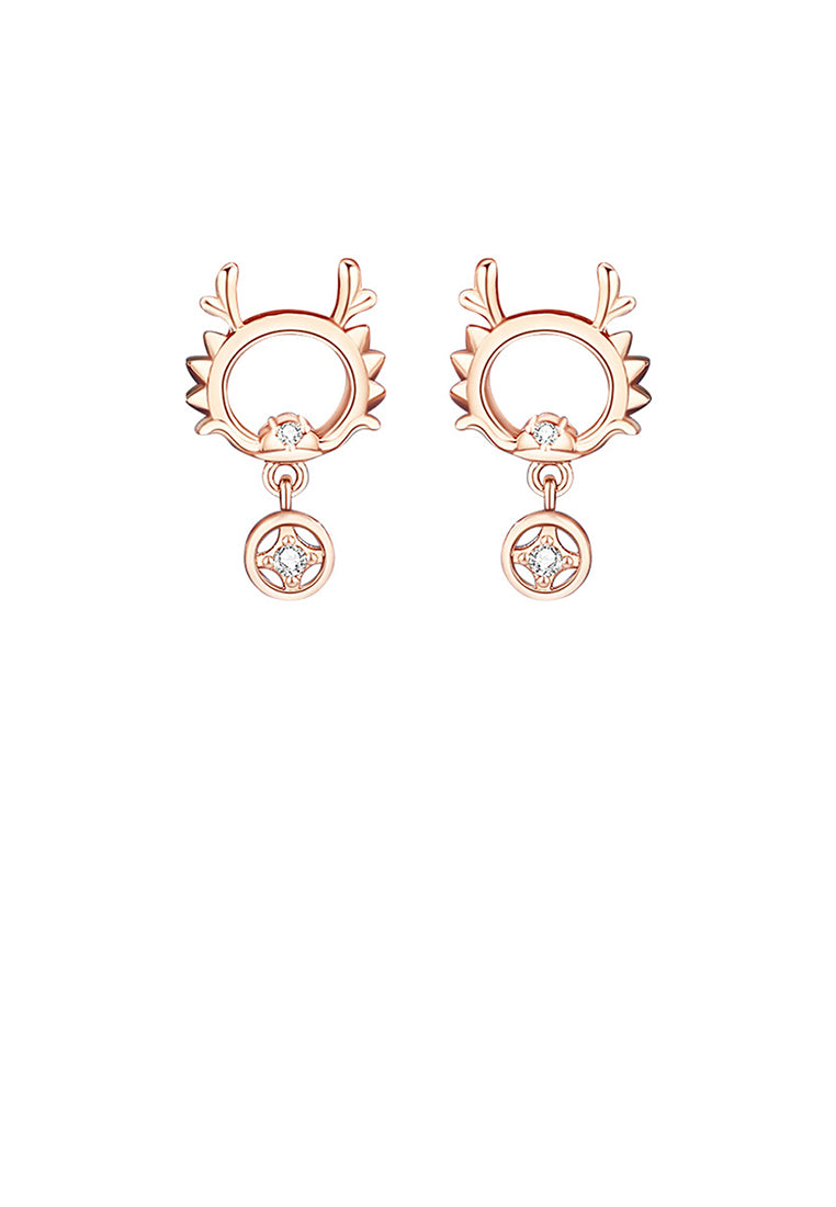 925 Sterling Silver Plated Rose Gold Fashion Cute Hollow Dragon Coin Stud Earrings with Cubic Zirconia - Luxurious Look