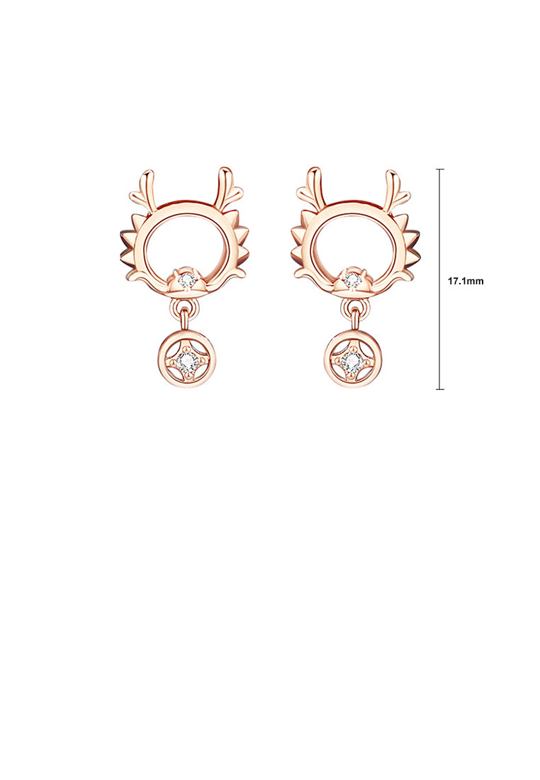 925 Sterling Silver Plated Rose Gold Fashion Cute Hollow Dragon Coin Stud Earrings with Cubic Zirconia - Luxurious Look