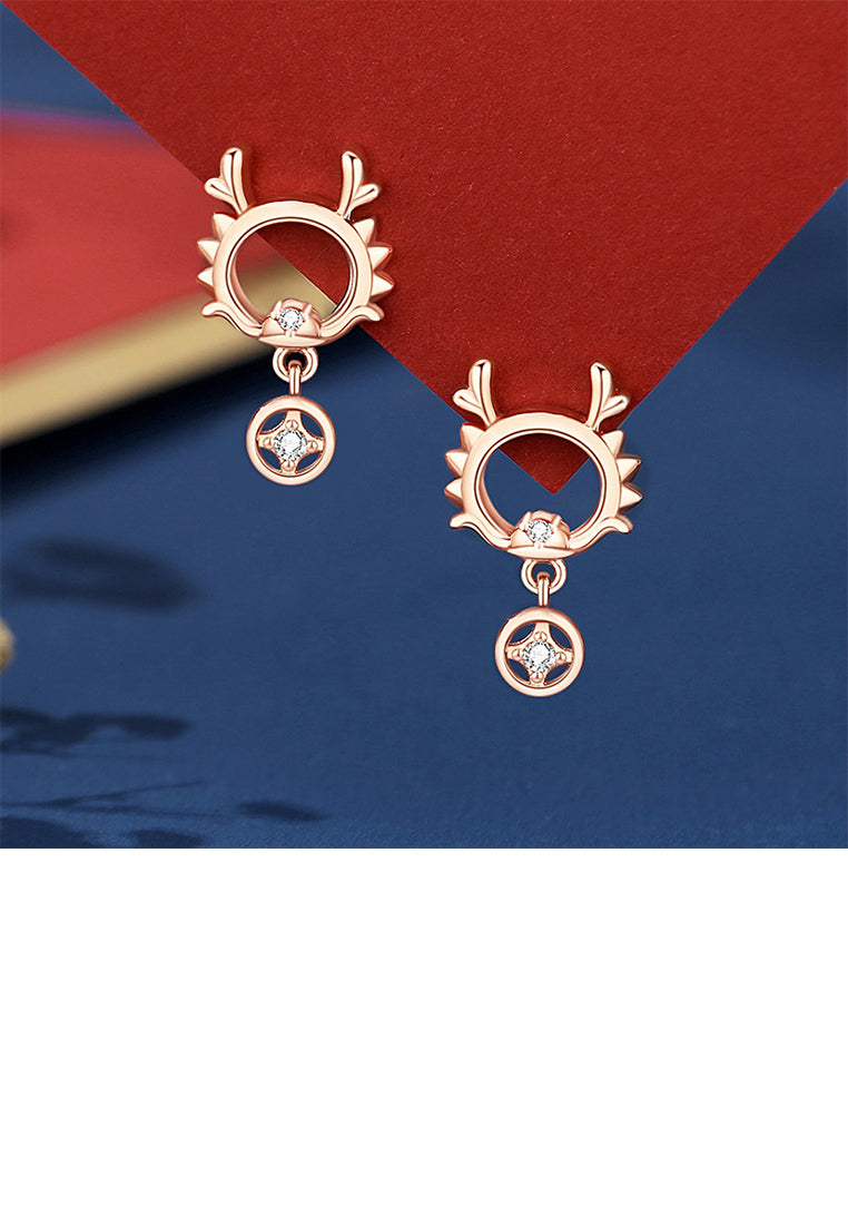925 Sterling Silver Plated Rose Gold Fashion Cute Hollow Dragon Coin Stud Earrings with Cubic Zirconia - Luxurious Look