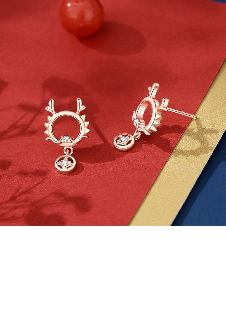925 Sterling Silver Plated Rose Gold Fashion Cute Hollow Dragon Coin Stud Earrings with Cubic Zirconia - Luxurious Look