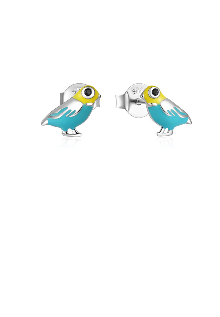 925 Sterling Silver Plated Gold Simple and Cute Enamel Blue Bird Stud Earrings with Cubic Zirconia - Luxurious Look