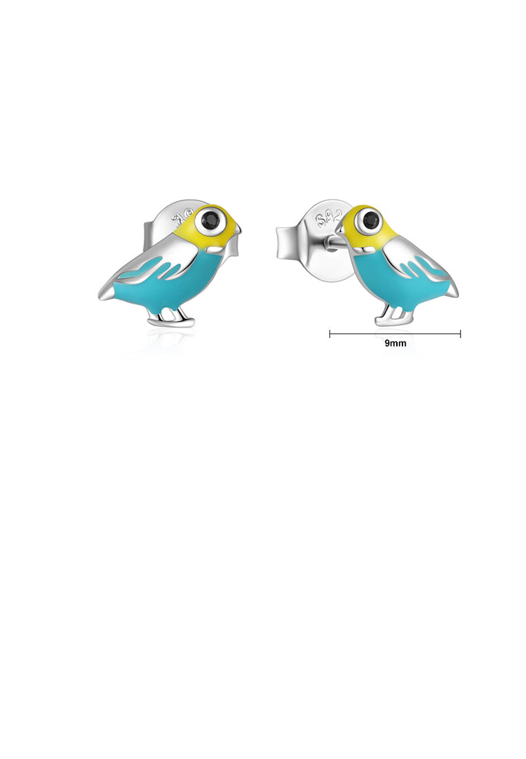 925 Sterling Silver Plated Gold Simple and Cute Enamel Blue Bird Stud Earrings with Cubic Zirconia - Luxurious Look