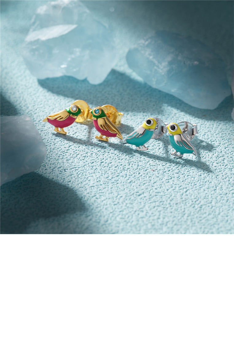 925 Sterling Silver Plated Gold Simple and Cute Enamel Blue Bird Stud Earrings with Cubic Zirconia - Luxurious Look