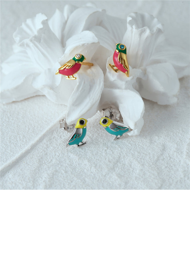 925 Sterling Silver Plated Gold Simple and Cute Enamel Blue Bird Stud Earrings with Cubic Zirconia - Luxurious Look