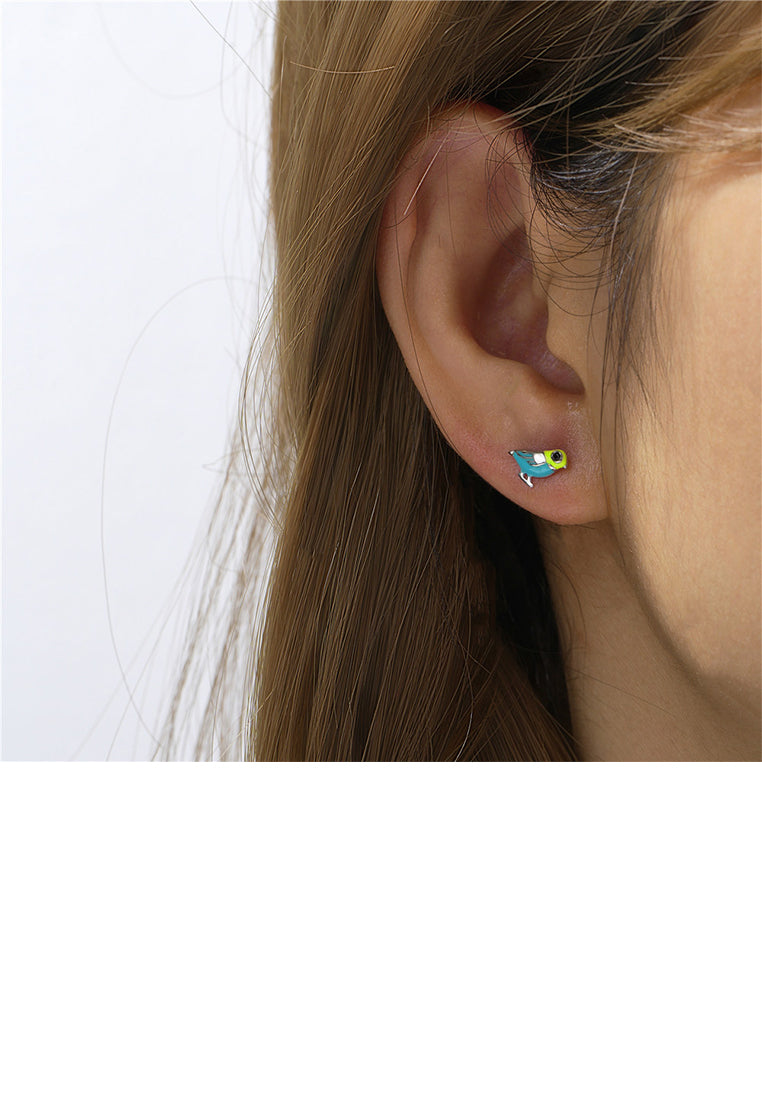 925 Sterling Silver Plated Gold Simple and Cute Enamel Blue Bird Stud Earrings with Cubic Zirconia - Luxurious Look