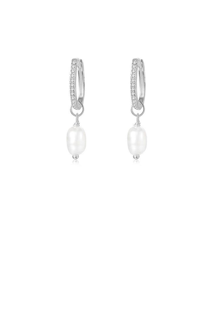 925 Sterling Silver Simple Elegant Imitation Pearl Geometric Earrings with Cubic Zirconia - Luxurious Look