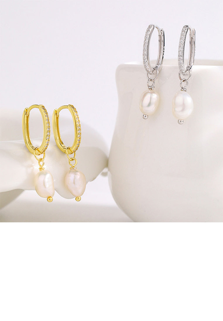 925 Sterling Silver Simple Elegant Imitation Pearl Geometric Earrings with Cubic Zirconia - Luxurious Look