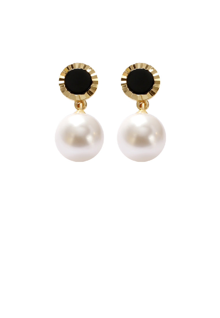 925 Sterling Silver Plated Gold Elegant Fashion Black Imitation Agate Round Imitation Pearl Geometric Earrings - Luxurious Look