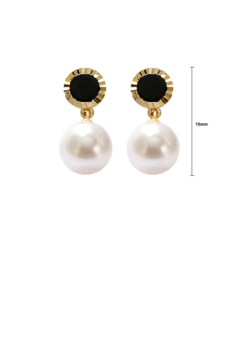 925 Sterling Silver Plated Gold Elegant Fashion Black Imitation Agate Round Imitation Pearl Geometric Earrings - Luxurious Look