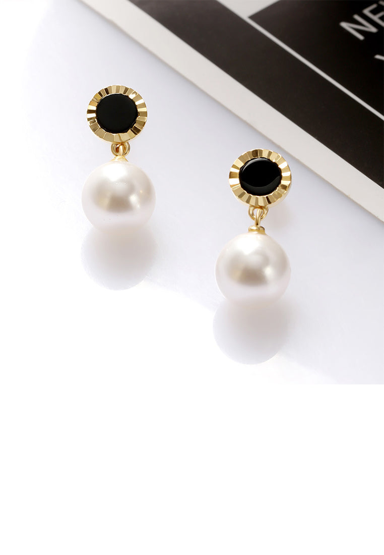925 Sterling Silver Plated Gold Elegant Fashion Black Imitation Agate Round Imitation Pearl Geometric Earrings - Luxurious Look