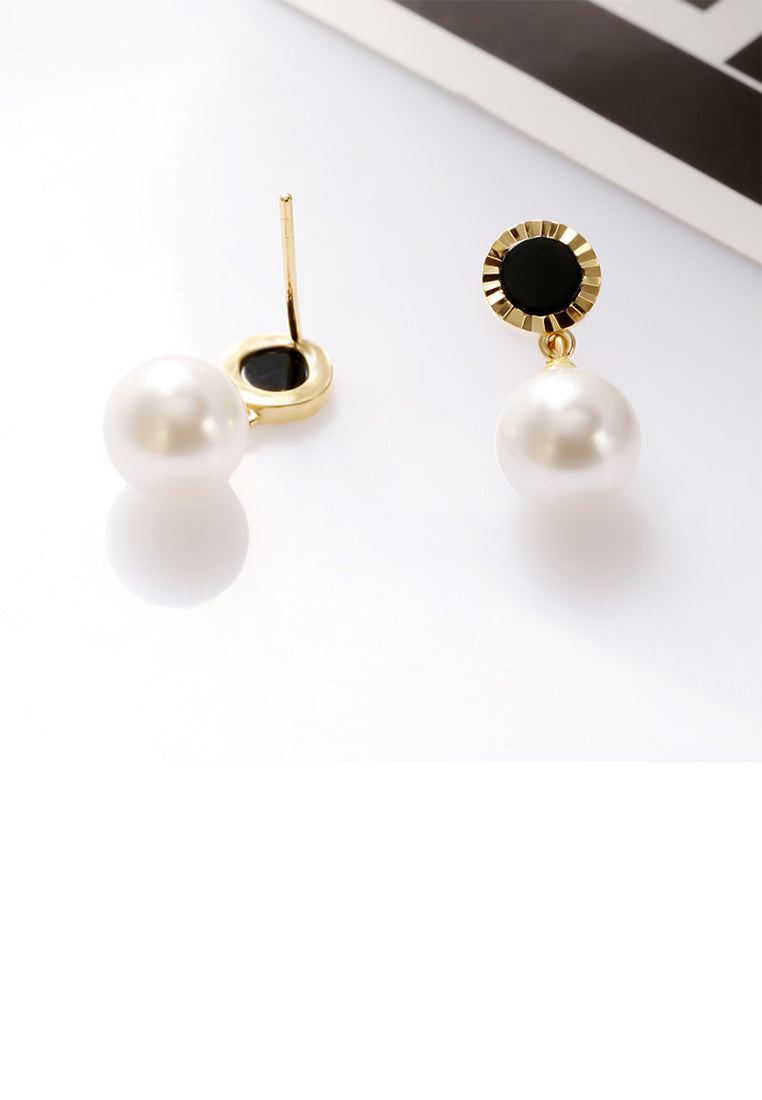 925 Sterling Silver Plated Gold Elegant Fashion Black Imitation Agate Round Imitation Pearl Geometric Earrings - Luxurious Look