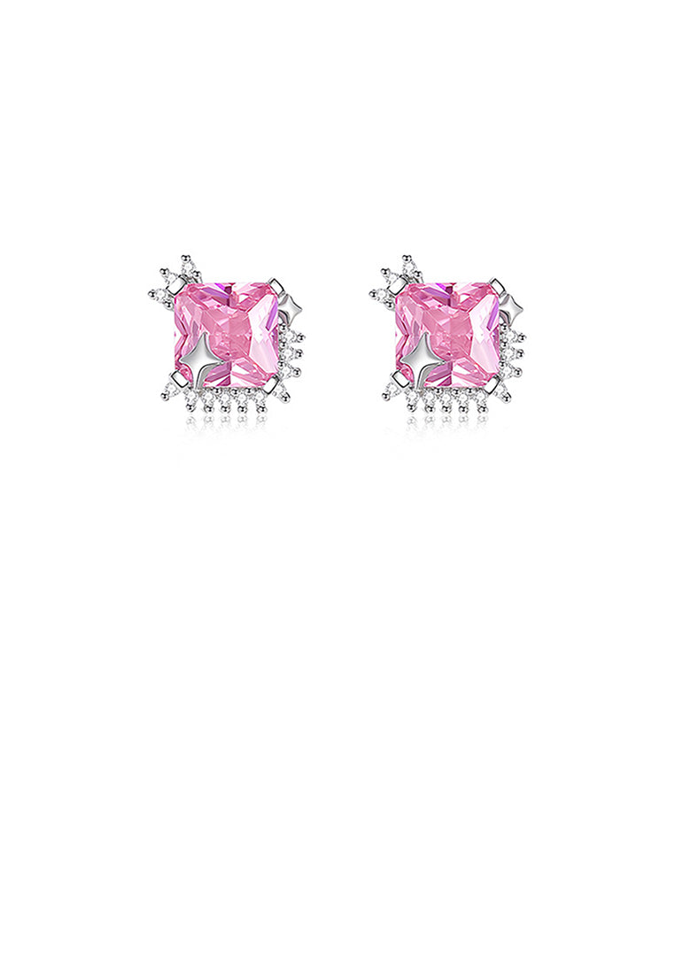 925 Sterling Silver Simple Fashion Star Square Geometric Stud Earrings with Pink Cubic Zirconia - Luxurious Look - Vibrant Color
