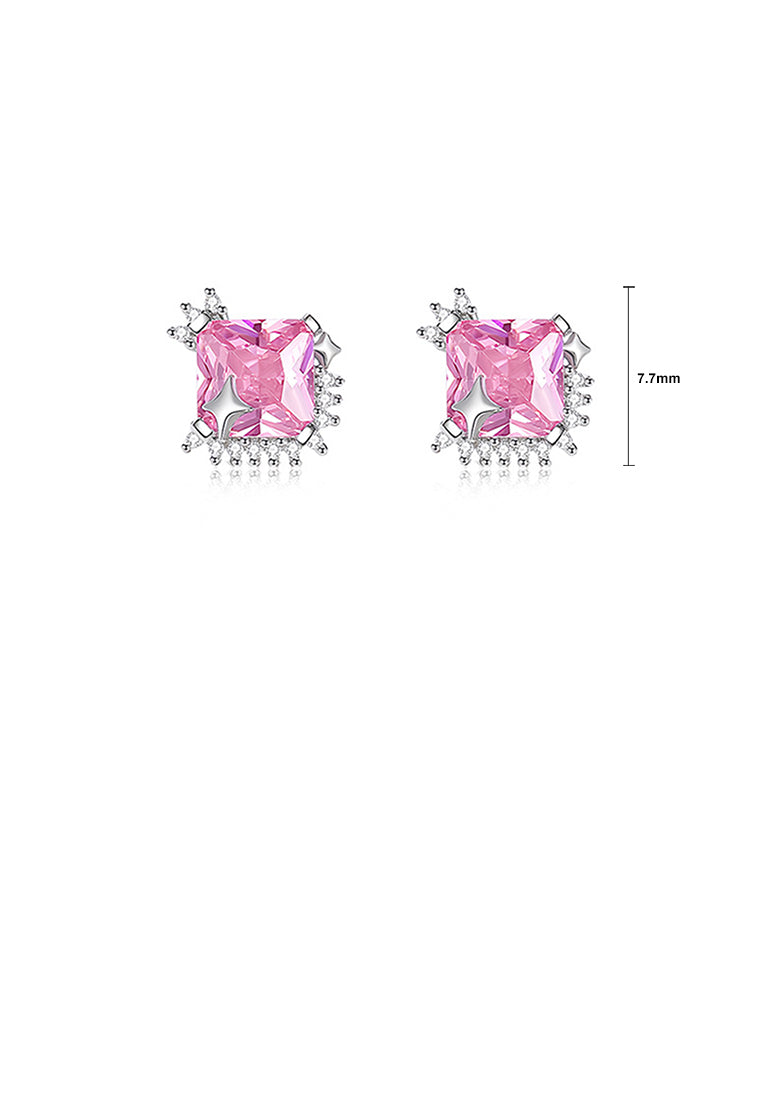 925 Sterling Silver Simple Fashion Star Square Geometric Stud Earrings with Pink Cubic Zirconia - Luxurious Look - Vibrant Color