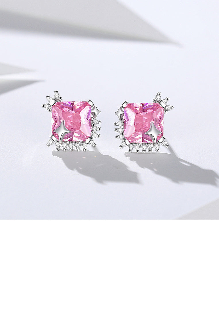 925 Sterling Silver Simple Fashion Star Square Geometric Stud Earrings with Pink Cubic Zirconia - Luxurious Look - Vibrant Color