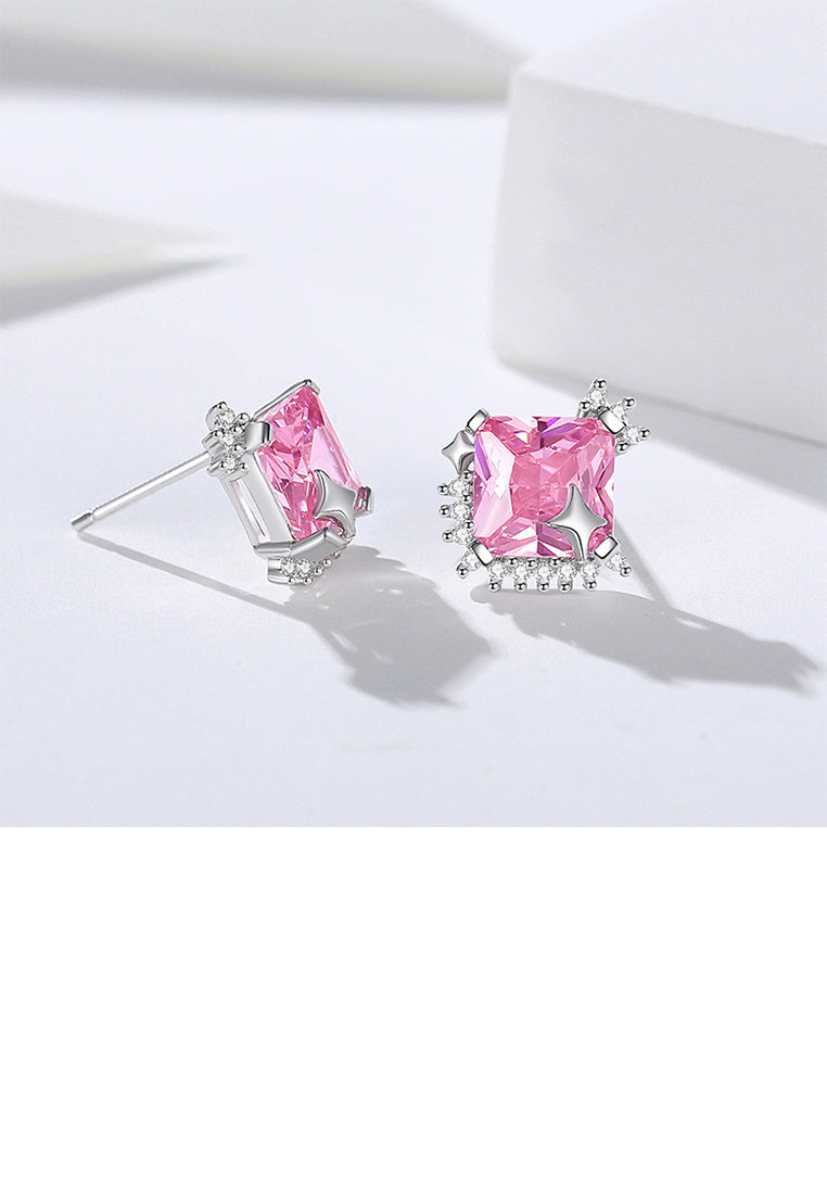 925 Sterling Silver Simple Fashion Star Square Geometric Stud Earrings with Pink Cubic Zirconia - Luxurious Look - Vibrant Color