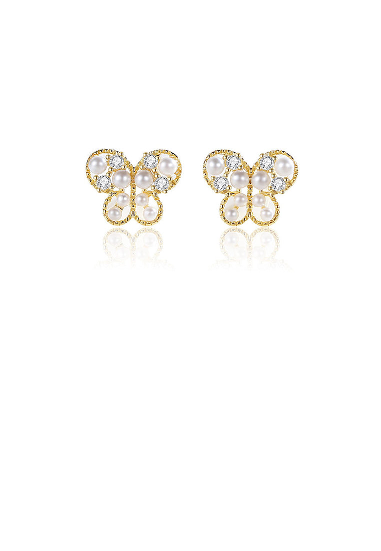 925 Sterling Silver Plated Gold Fashion Elegant Butterfly Imitation Pearl Stud Earrings with Cubic Zirconia - Luxurious Look