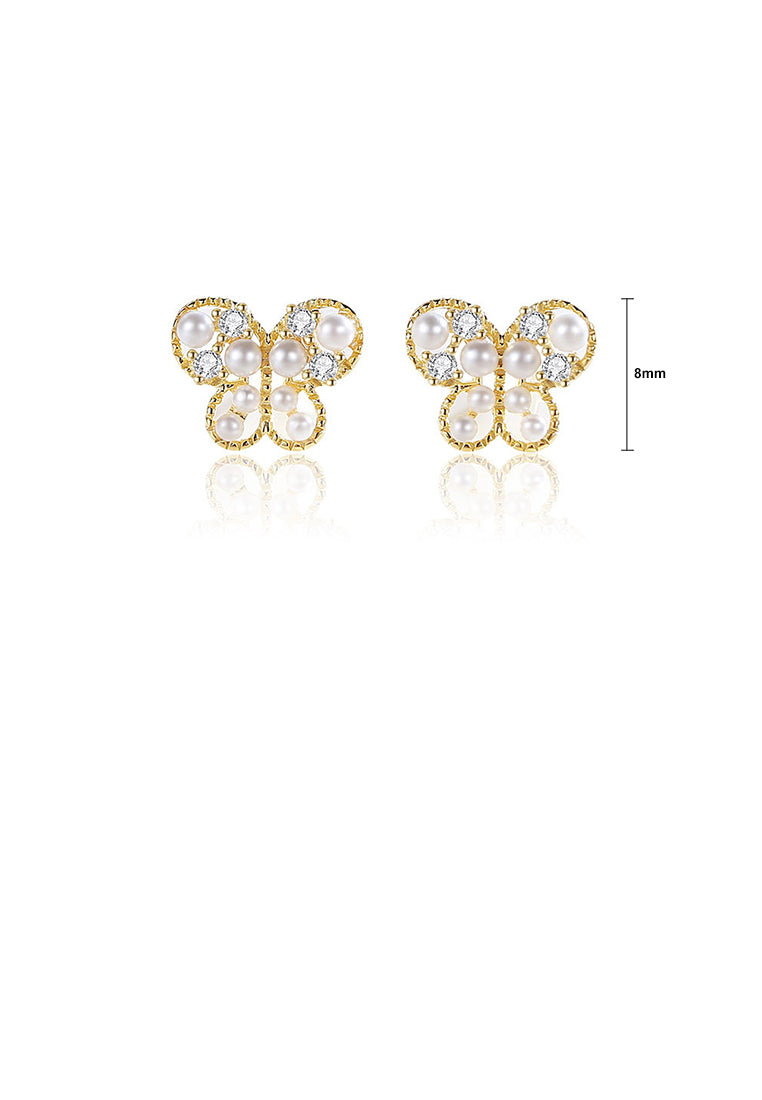 925 Sterling Silver Plated Gold Fashion Elegant Butterfly Imitation Pearl Stud Earrings with Cubic Zirconia - Luxurious Look