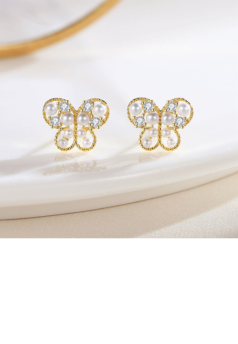 925 Sterling Silver Plated Gold Fashion Elegant Butterfly Imitation Pearl Stud Earrings with Cubic Zirconia - Luxurious Look