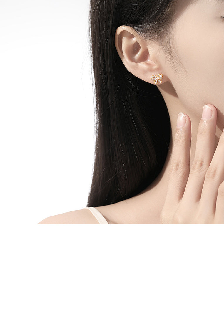 925 Sterling Silver Plated Gold Fashion Elegant Butterfly Imitation Pearl Stud Earrings with Cubic Zirconia - Luxurious Look