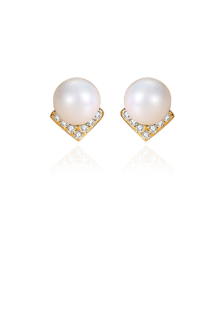 925 Sterling Silver Plated Gold Simple Elegant Alphabet V Imitation Pearl Stud Earrings with Cubic Zirconia - Luxurious Look